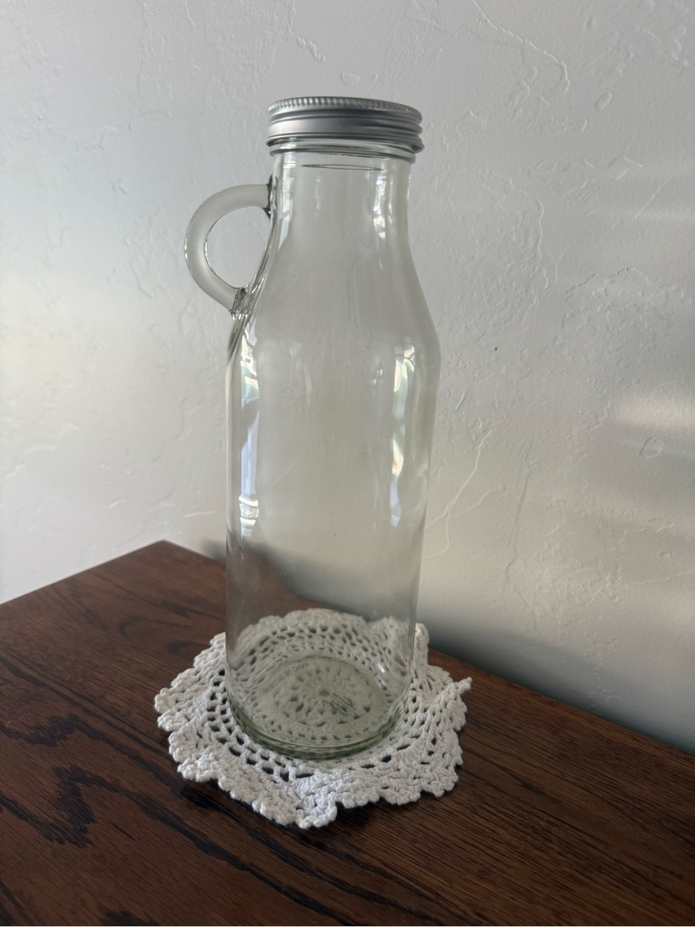 New Without Tags Clear Decorative Glass Milk Jug with Silver Lid – 10" Tall